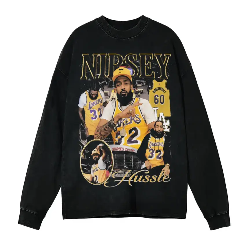 Nipsey Hussle Lakers Tribute Aicd Wash Oversized Long Sleeve Shirt