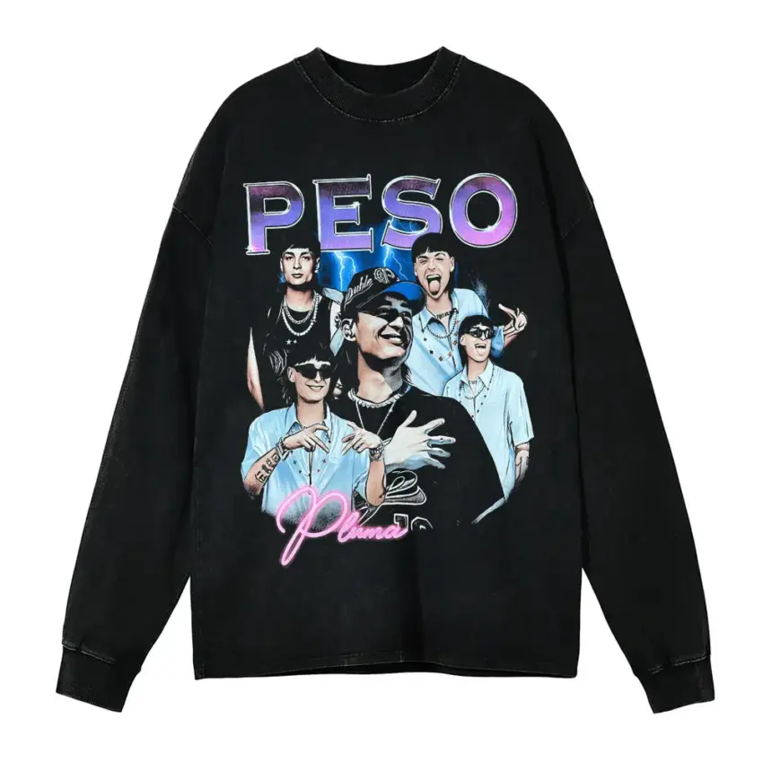 Peso Pluma Blue Hue Collage Aicd Wash Oversized Long Sleeve Shirt