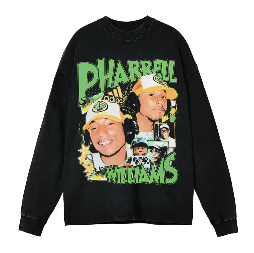 Pharrell Williams Collage Aicd Wash Oversized Long Sleeve Shirt