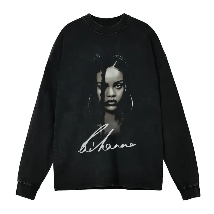 Rihanna Signature Portrait Aicd Wash Oversized Long Sleeve Shirt