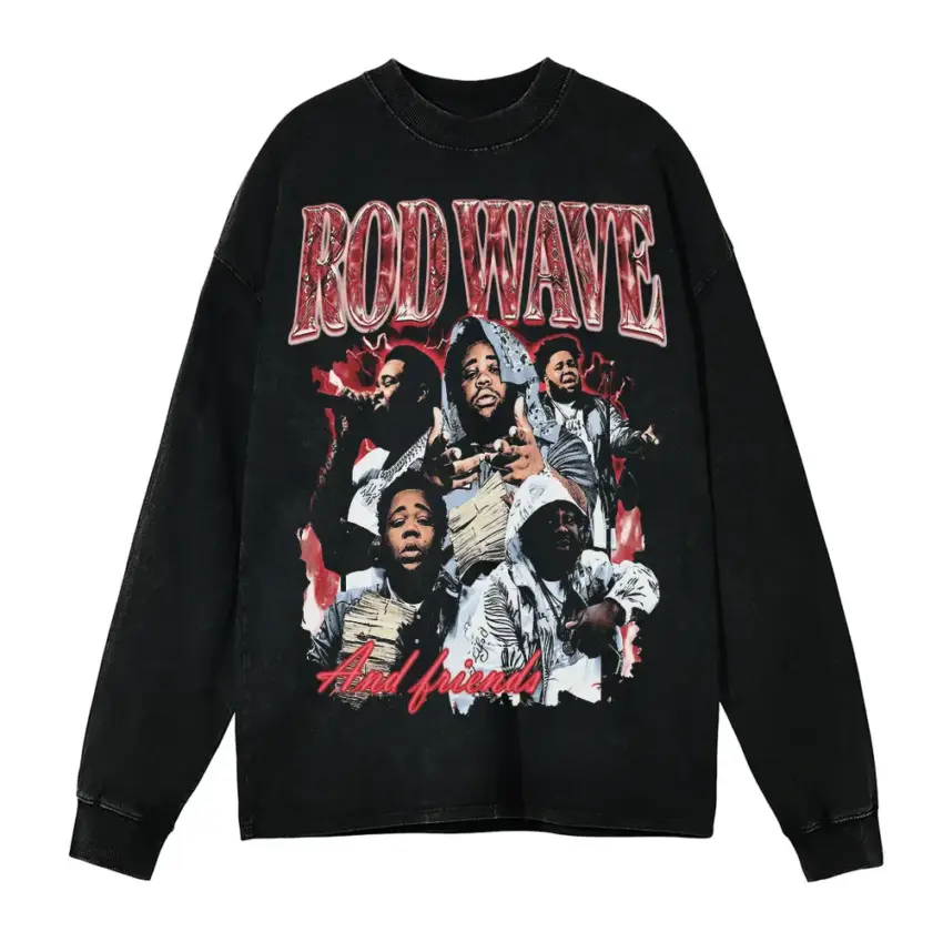 Rod Wave All American Aicd Wash Oversized Long Sleeve Shirt