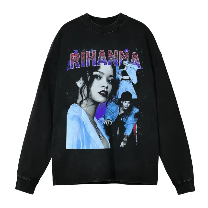 Rihanna Blue Hue Tribute Aicd Wash Oversized Long Sleeve Shirt