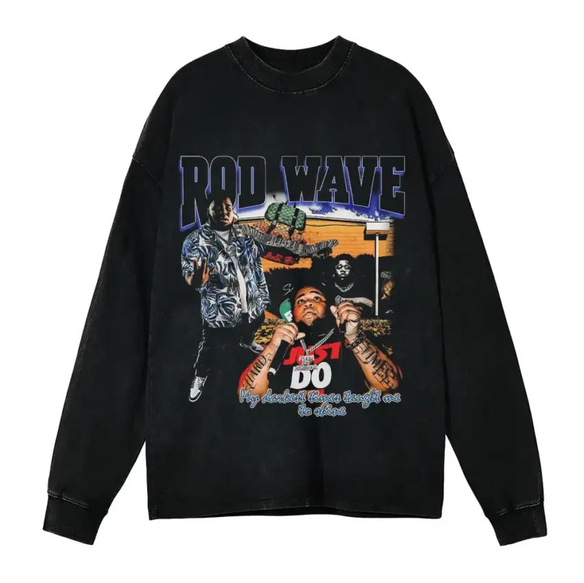 Rod Wave Street Runner Aicd Wash Oversized Long Sleeve Shirt