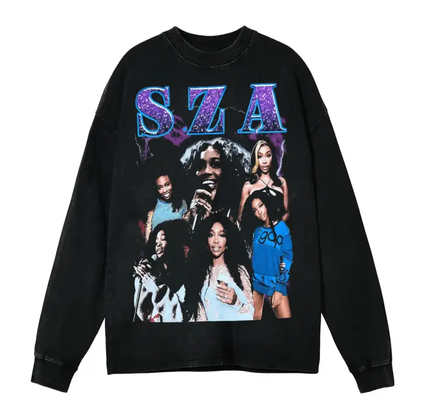 SZA Blue Dream Collage Aicd Wash Oversized Long Sleeve Shirt
