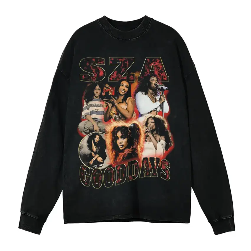 SZA Good Days Collage Aicd Wash Oversized Long Sleeve Shirt
