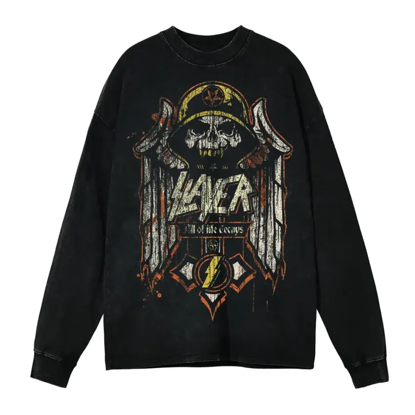 Slayer Hell Awaits Crest Aicd Wash Oversized Long Sleeve Shirt