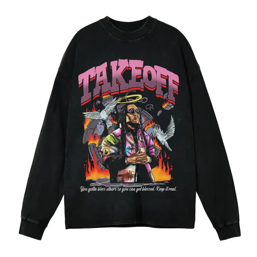 Takeoff Migos Forever Aicd Wash Oversized Long Sleeve Shirt