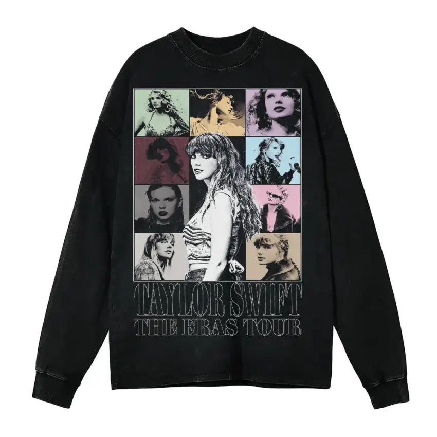 Taylor Swift Eras Tour Collage Aicd Wash Oversized Long Sleeve Shirt