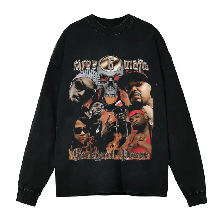Three 6 Mafia Tear Da Club Up Aicd Wash Oversized Long Sleeve Shirt