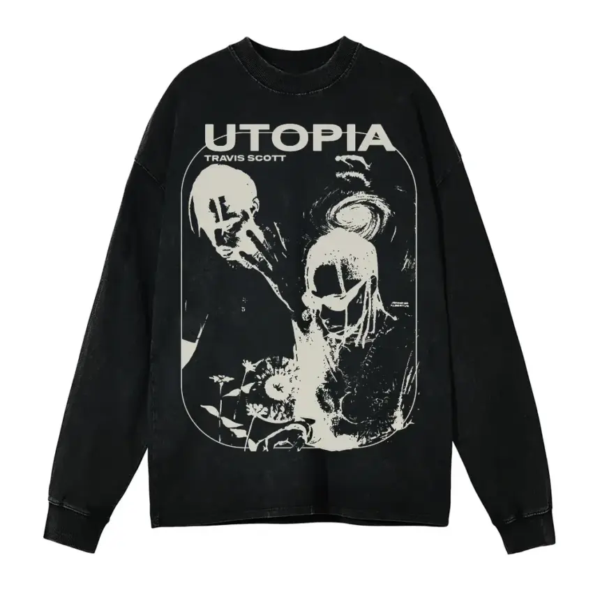 Welcome To Utopia 2 Aicd Wash Oversized Long Sleeve Shirt