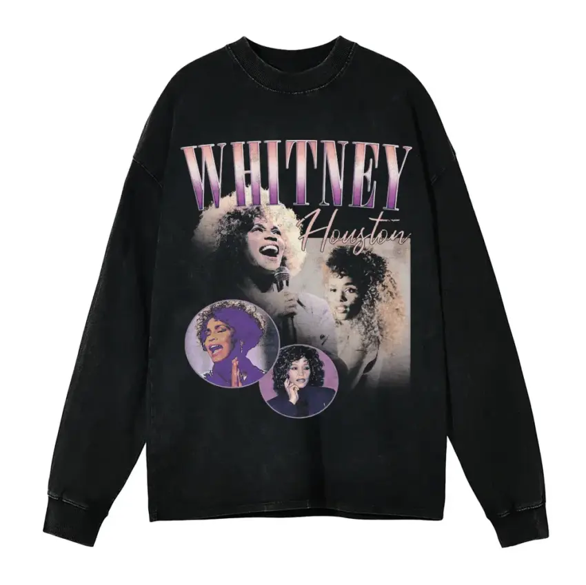 Whitney Houston Purple Tribute Aicd Wash Oversized Long Sleeve Shirt