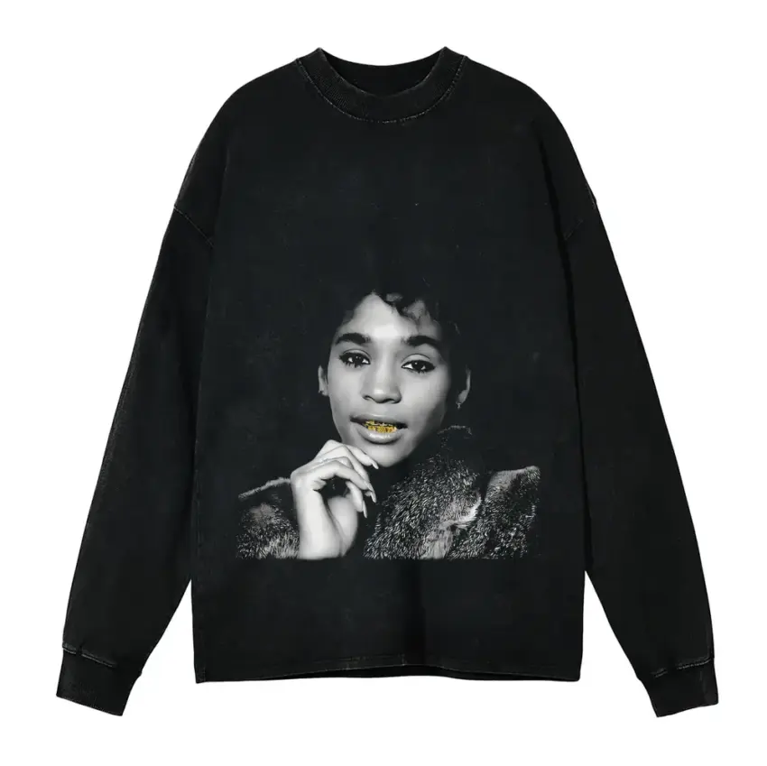 Whitney Houston Young Portrait Aicd Wash Oversized Long Sleeve Shirt