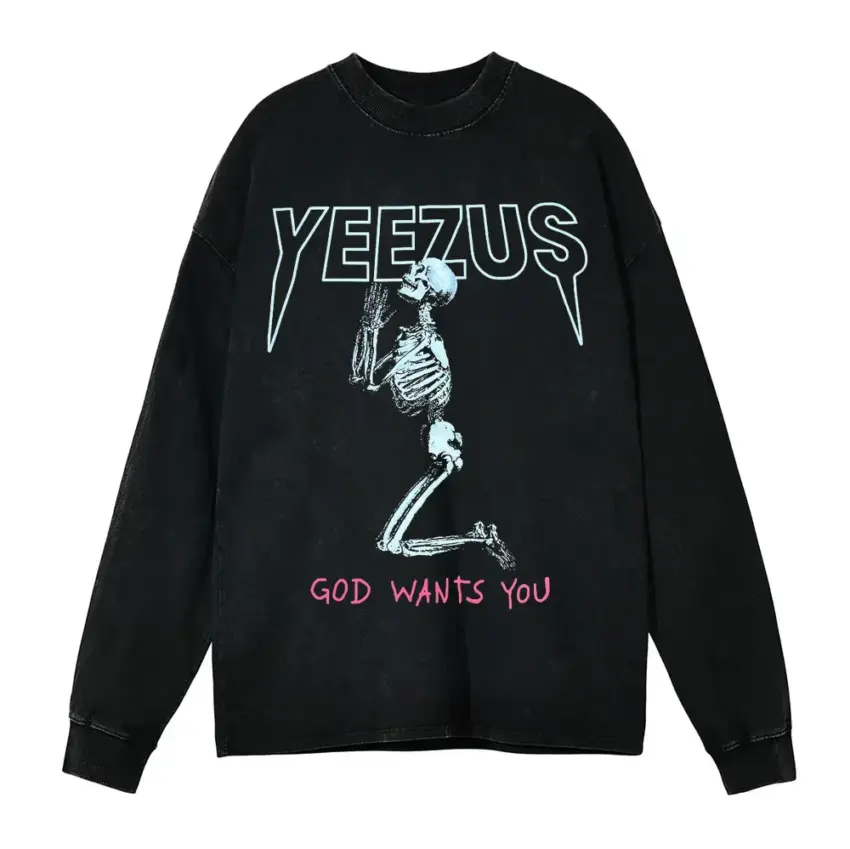 Yeezus Tour Skeleton Aicd Wash Oversized Long Sleeve Shirt