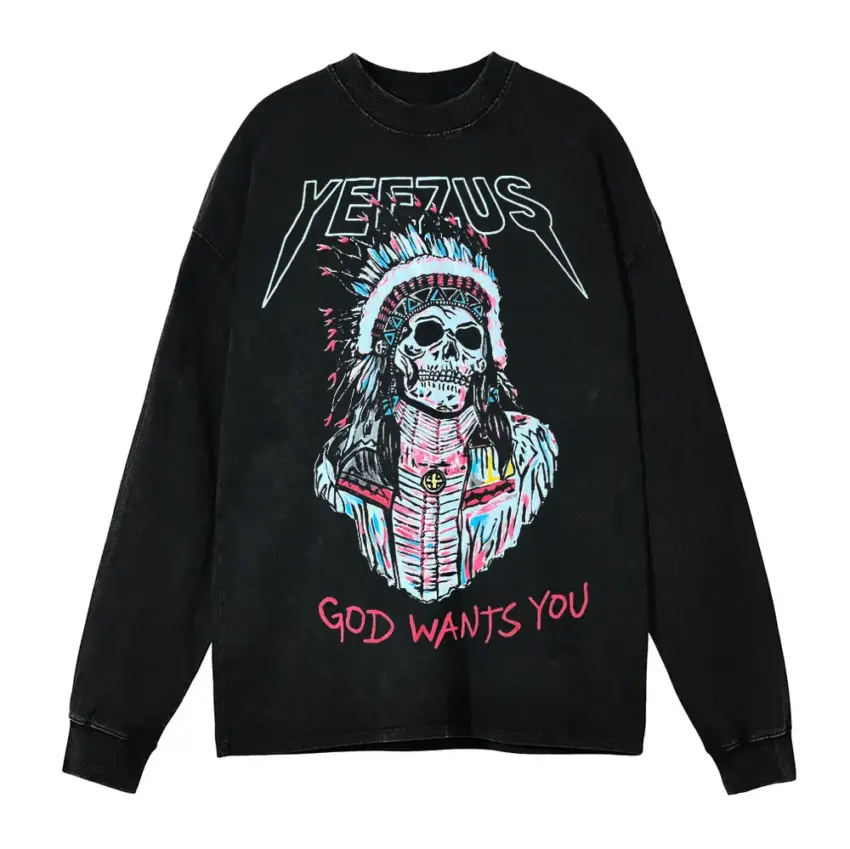 Yeezus Headdress Skull Aicd Wash Oversized Long Sleeve Shirt