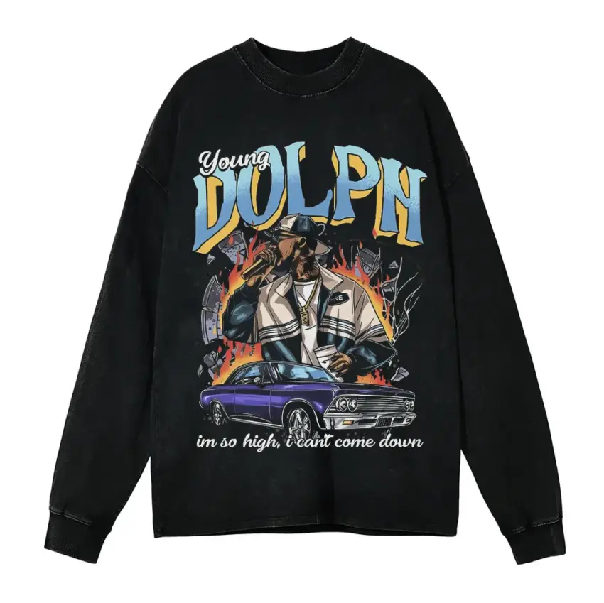 Young Dolph High Class Street Music Aicd Wash Oversized Long Sleeve Shirt