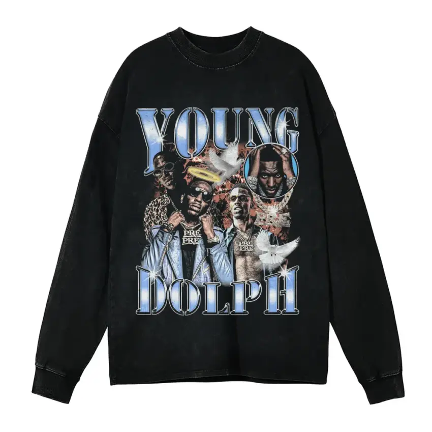 Young Dolph Chrome Tribute Aicd Wash Oversized Long Sleeve Shirt
