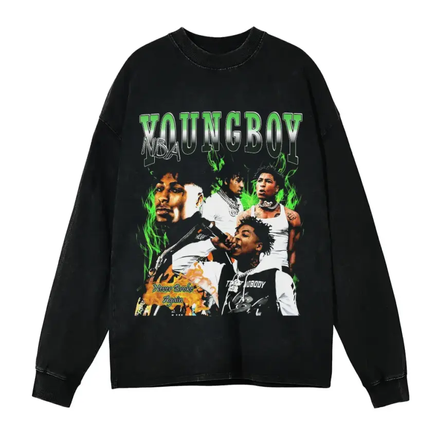 Youngboy Green Flag Collage Aicd Wash Oversized Long Sleeve Shirt