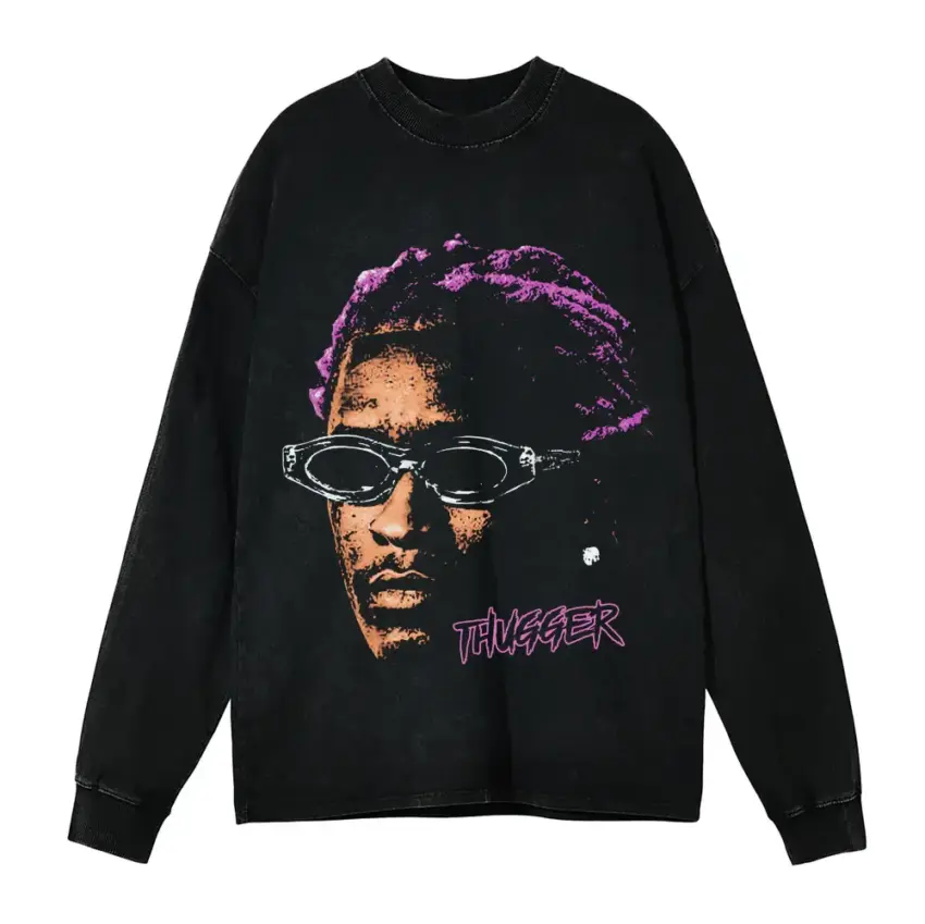 Young Thug Thugger Shades Aicd Wash Oversized Long Sleeve Shirt