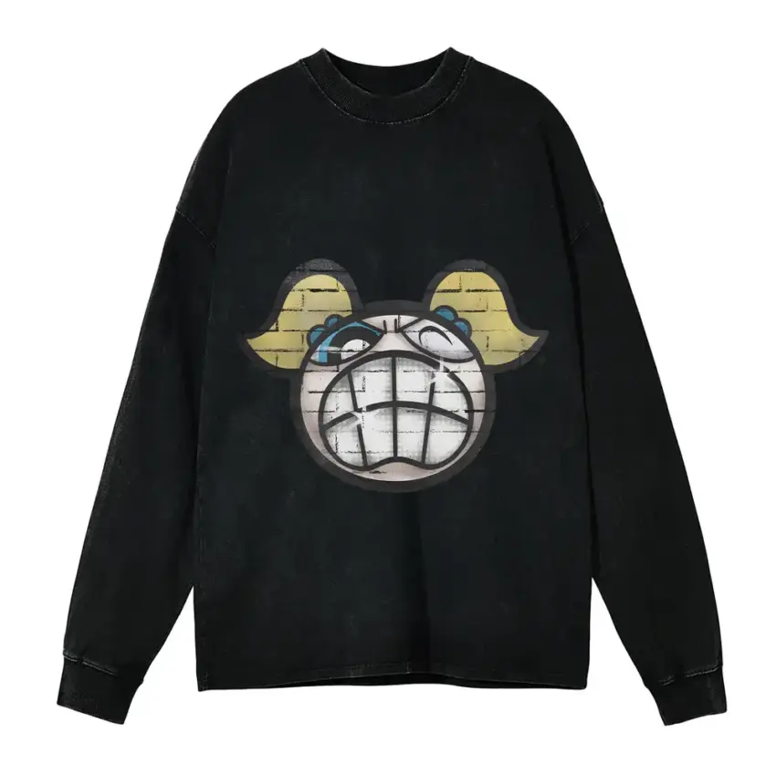 Belligerent Unibrow Aicd Wash Oversized Long Sleeve Shirt