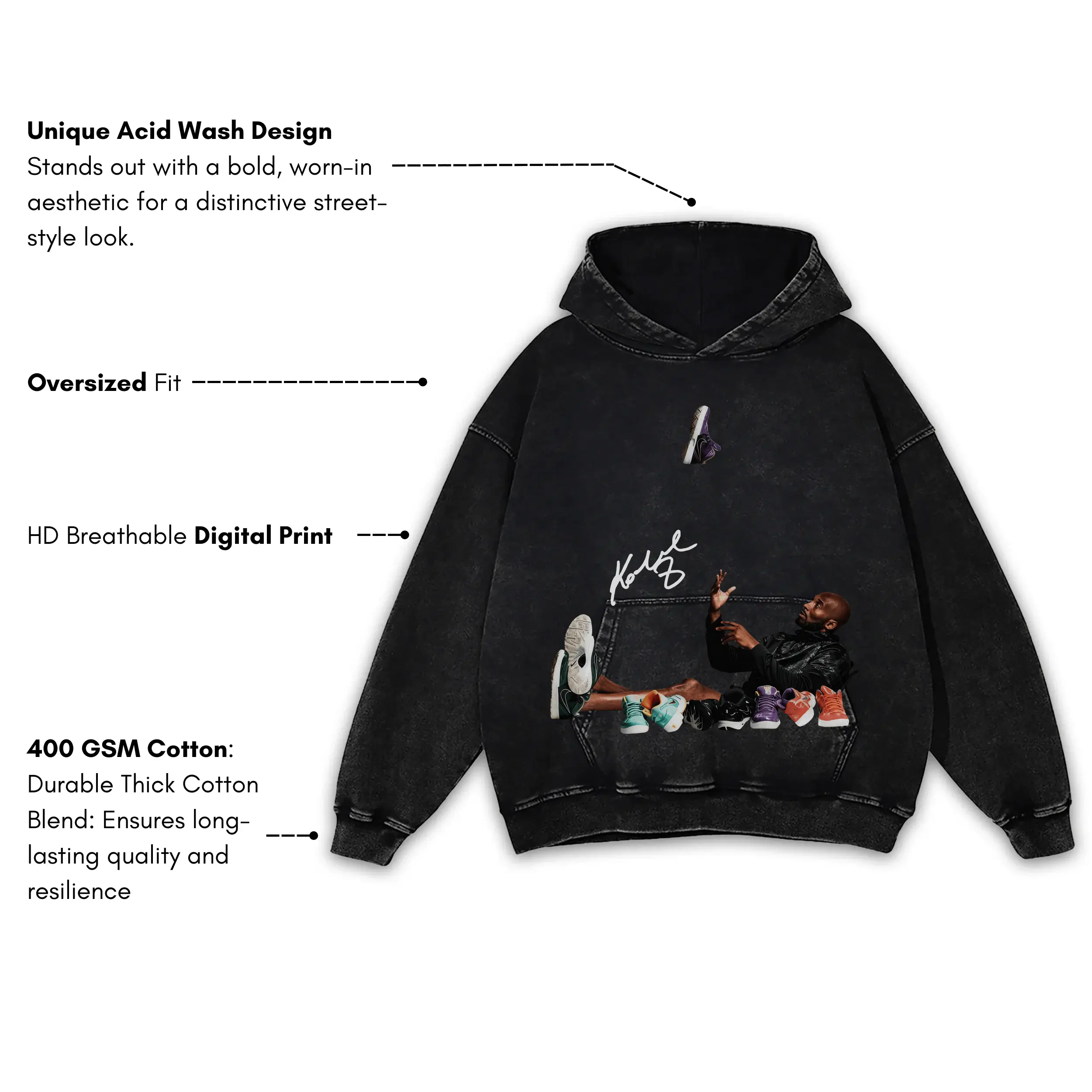 Retro Black x Kobe Bryant 'Sneakers' Vintage Acid Wash Hoodie - Black - Image 3