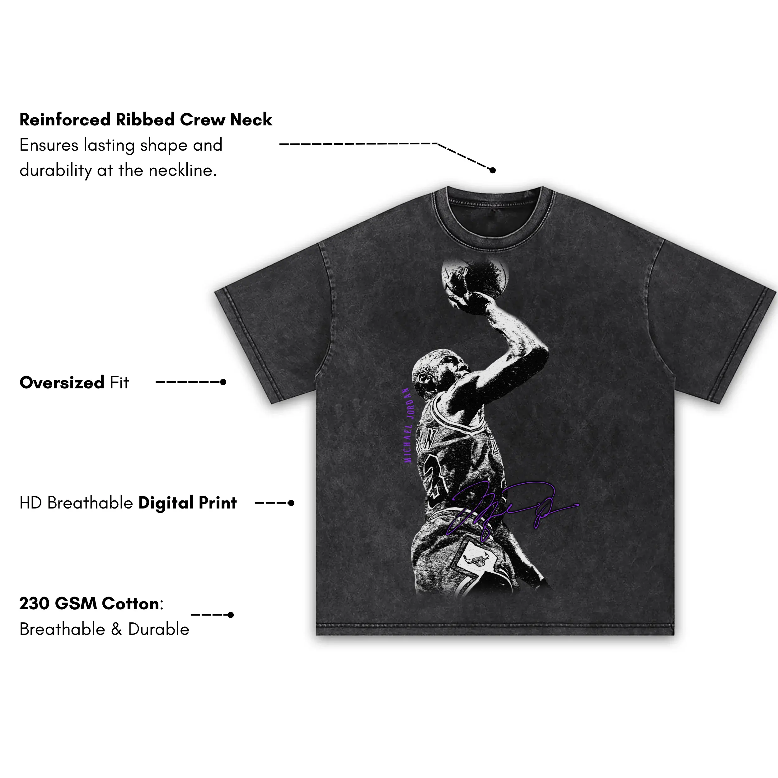 Retro Purple x Michael Jordan 'Jump Shot' Vintage Acid Wash Tee - Image 3