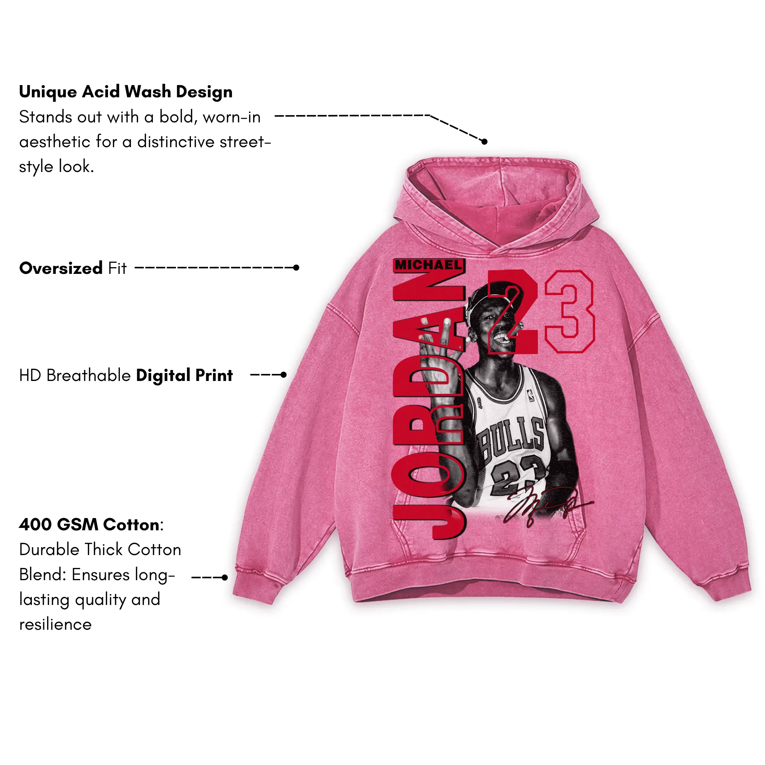 Retro Red x Michael Jordan 'Trophy Cigar' Vintage Acid Wash Hoodie - Pink - Image 3