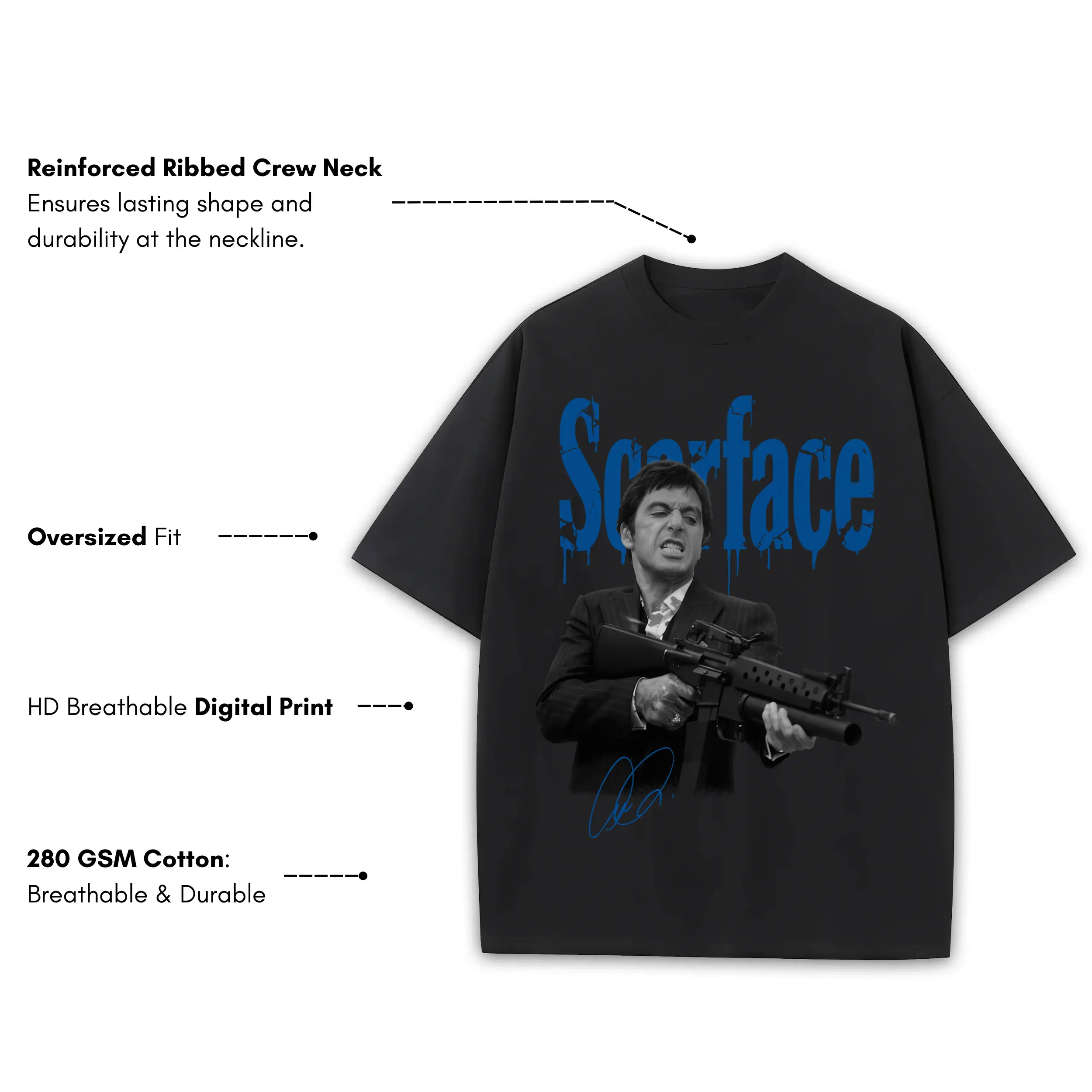 Retro Royal x Scarface 'Machine Gun' Heavyweight Tee - Black - Image 3