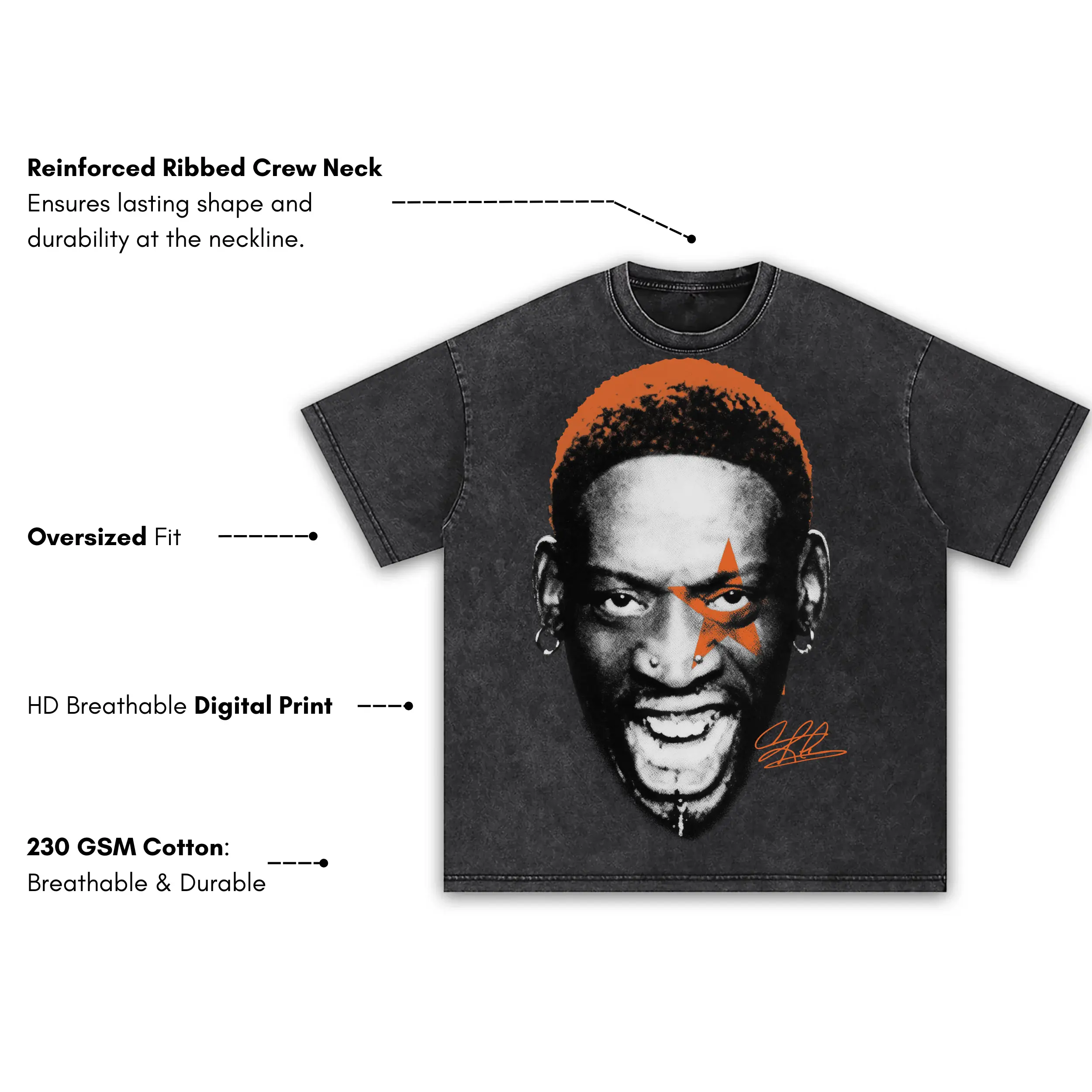 Starfish Orange x Dennis Rodman 'Yelling' Vintage Acid Wash Tee - Image 3