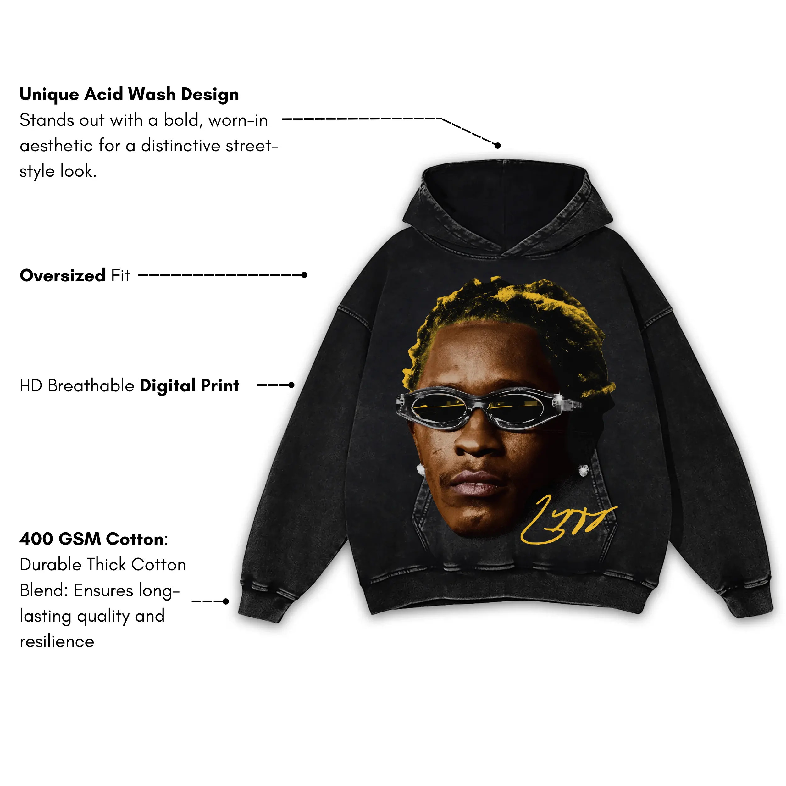 Taxi Yellow x Young Thug 'Spider Shades' Vintage Acid Wash Hoodie - Black - Image 3