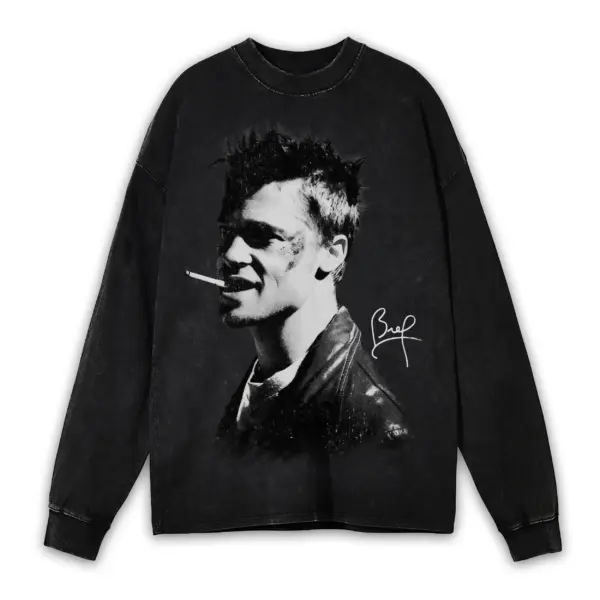 Retro Black x Brad Pitt 'Smoking' Vintage Acid Wash Long Sleeve