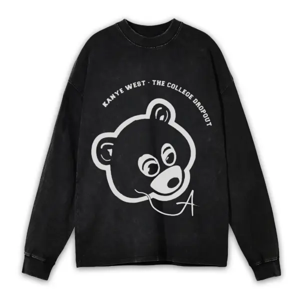 Retro Black x Kanye West 'Bear Outline' Vintage Acid Wash Long Sleeve