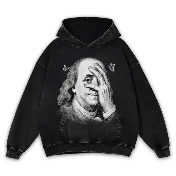 Retro Black x Benjamin Franklin 'Sketch' Vintage Acid Wash Hoodie - Black