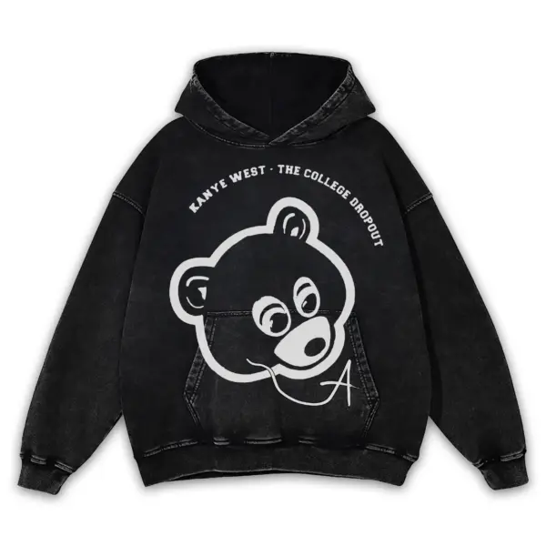 Retro Black x Kanye West 'Bear Outline' Vintage Acid Wash Hoodie - Black