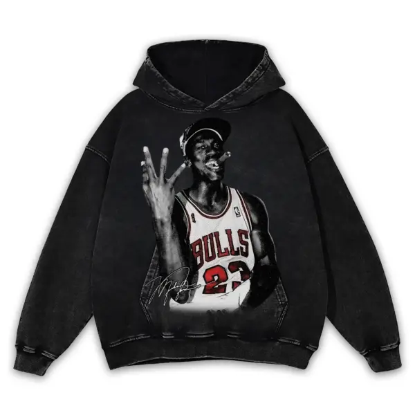 Retro Black x Michael Jordan 'Three Fingers' Vintage Acid Wash Hoodie - Black