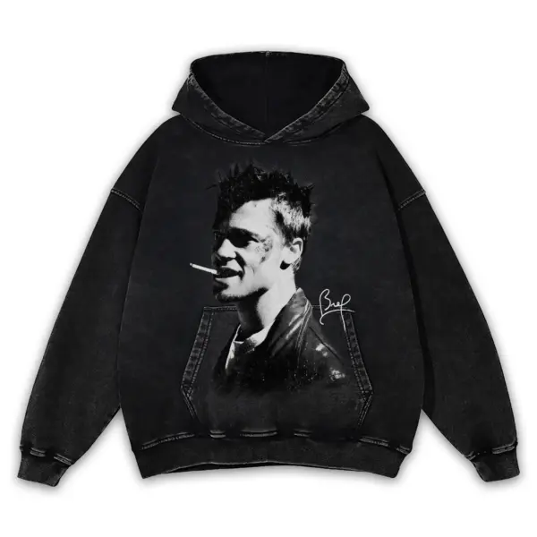 Retro Black x Brad Pitt 'Smoking' Vintage Acid Wash Hoodie - Black
