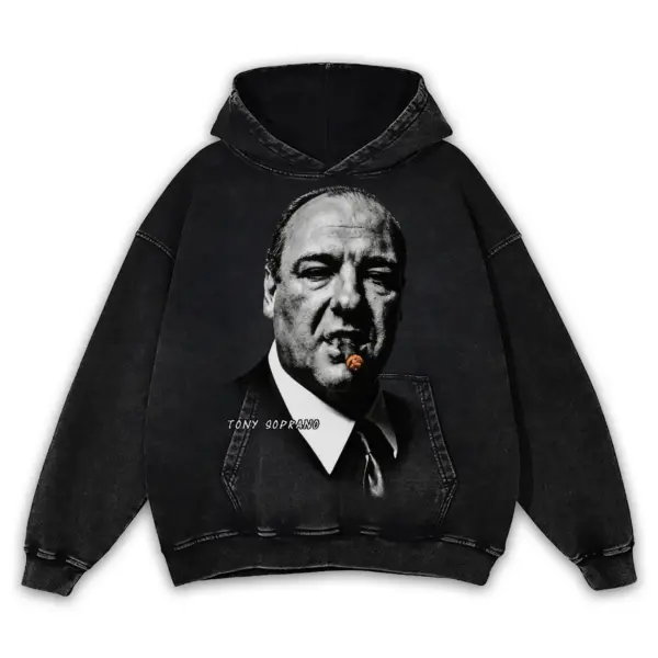 Retro Black x Tony Soprano 'Cigar' Vintage Acid Wash Hoodie - Black
