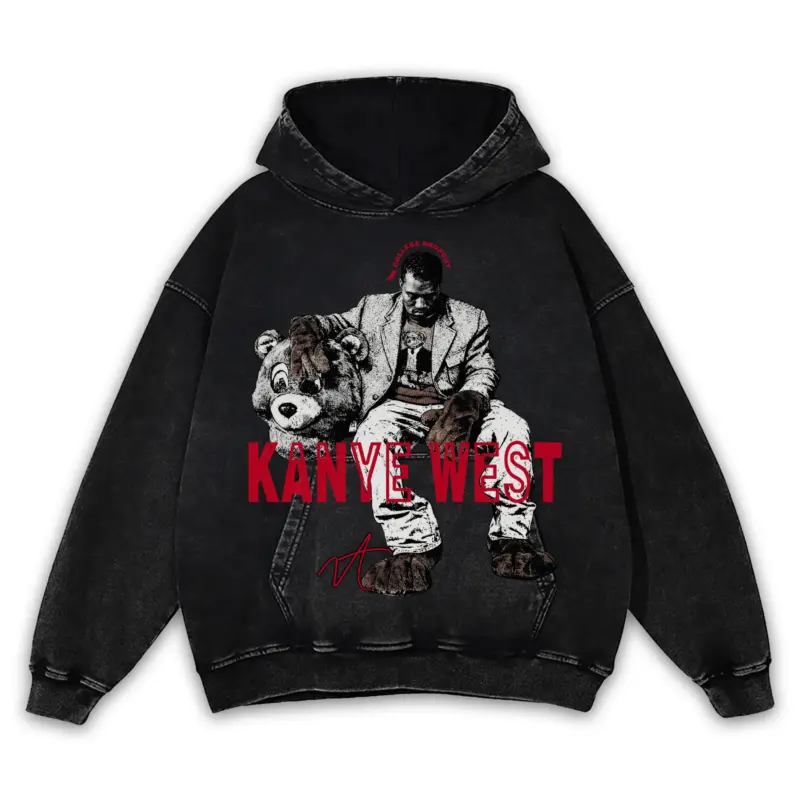 Retro Red x Kanye West 'Riding Bear' Vintage Acid Wash Hoodie - Black