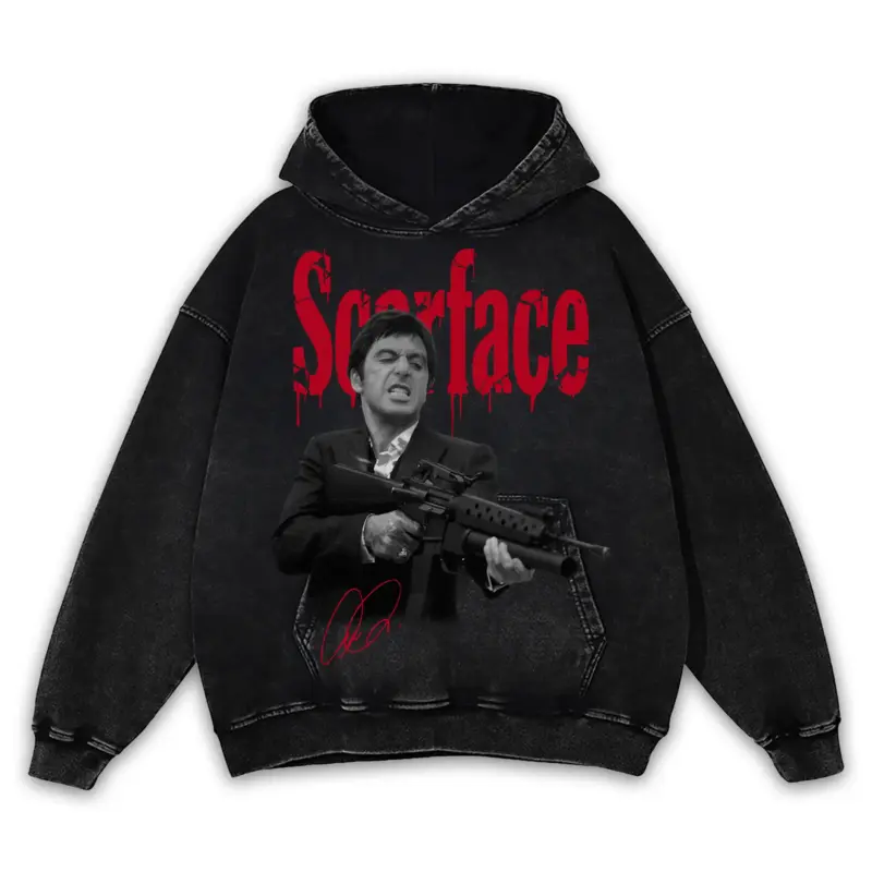 Retro Red x Scarface 'Machine Gun' Vintage Acid Wash Hoodie - Black