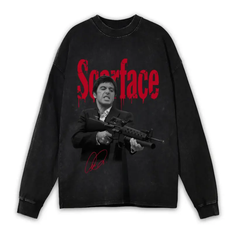 Retro Red x Scarface 'Machine Gun' Vintage Acid Wash Long Sleeve