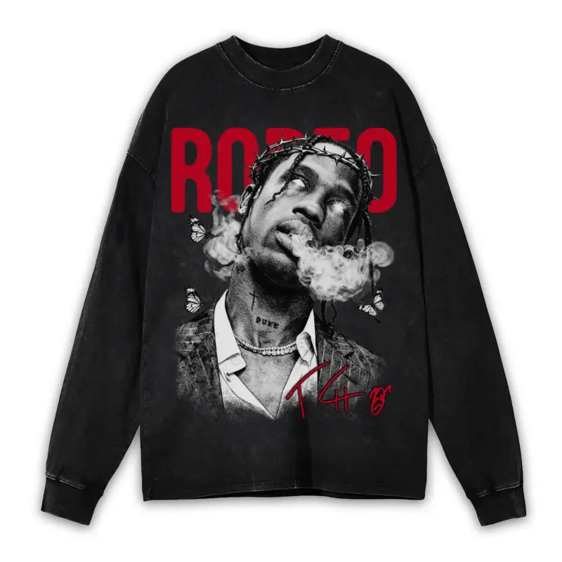 Retro Red x Travis Scott 'Rodeo Smoke' Vintage Acid Wash Long Sleeve