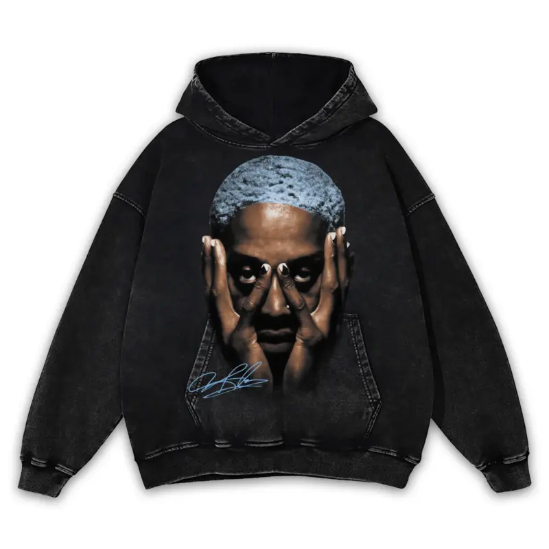 University Blue x Dennis Rodman 'Hands Over Head' Vintage Acid Wash Hoodie - Black