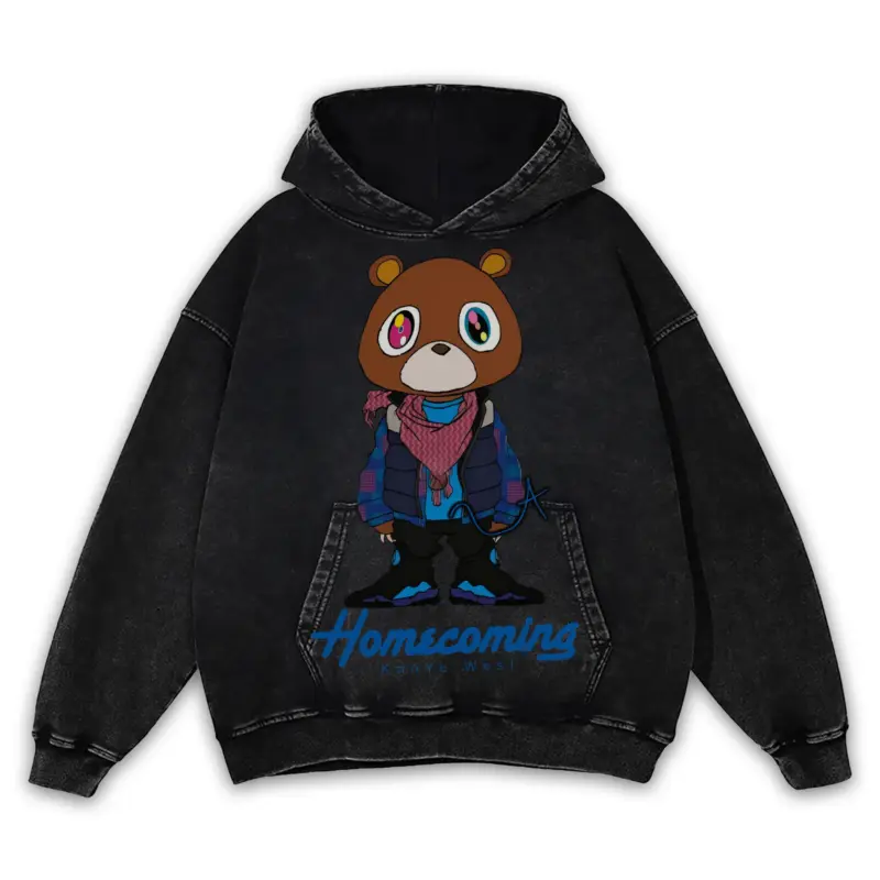 Retro Royal x Kanye West 'Homecoming Bear' Vintage Acid Wash Hoodie - Black