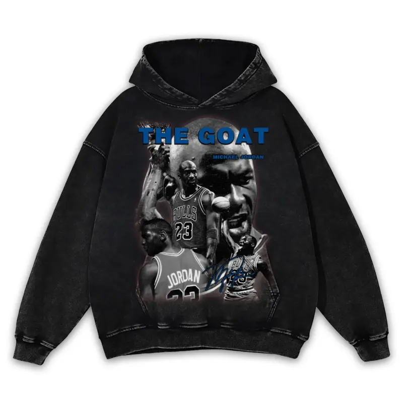 Retro Royal x Michael Jordan The Goat Collage Vintage Acid Wash Hoodie - Black