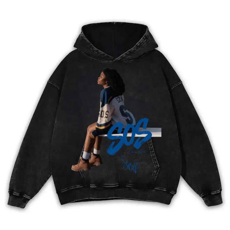 Retro Royal x Sza 'SOS Jersey' Vintage Acid Wash Hoodie - Black