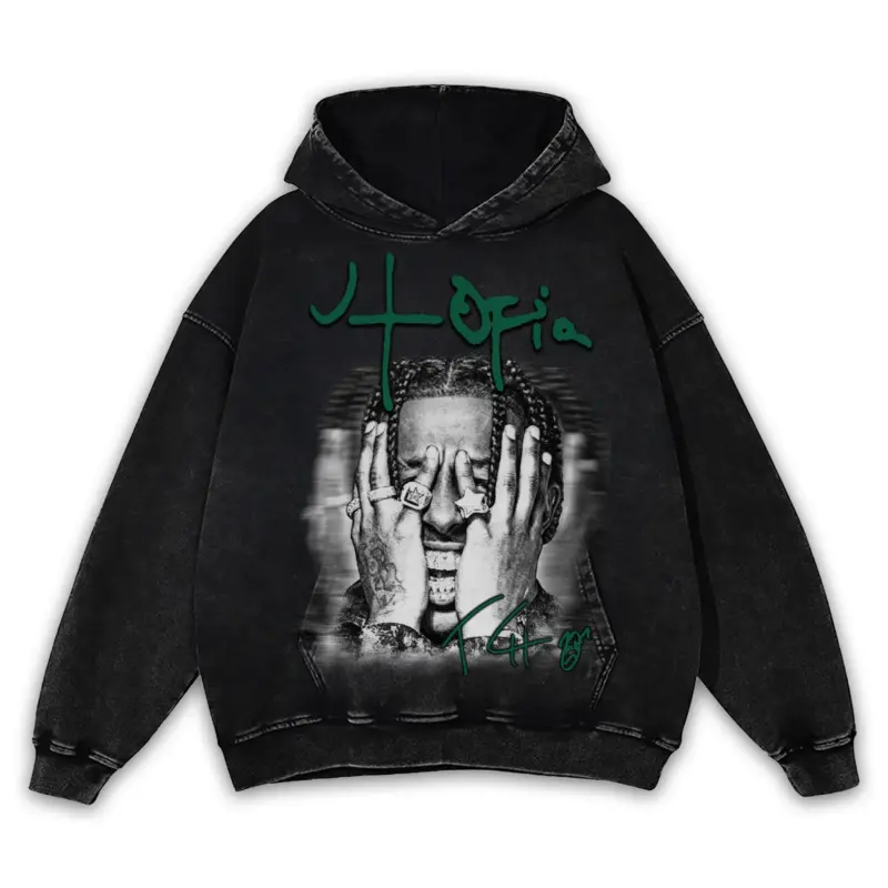 Pine Green x Travis Scott 'Utopia Head Grab' Vintage Acid Wash Hoodie - Black