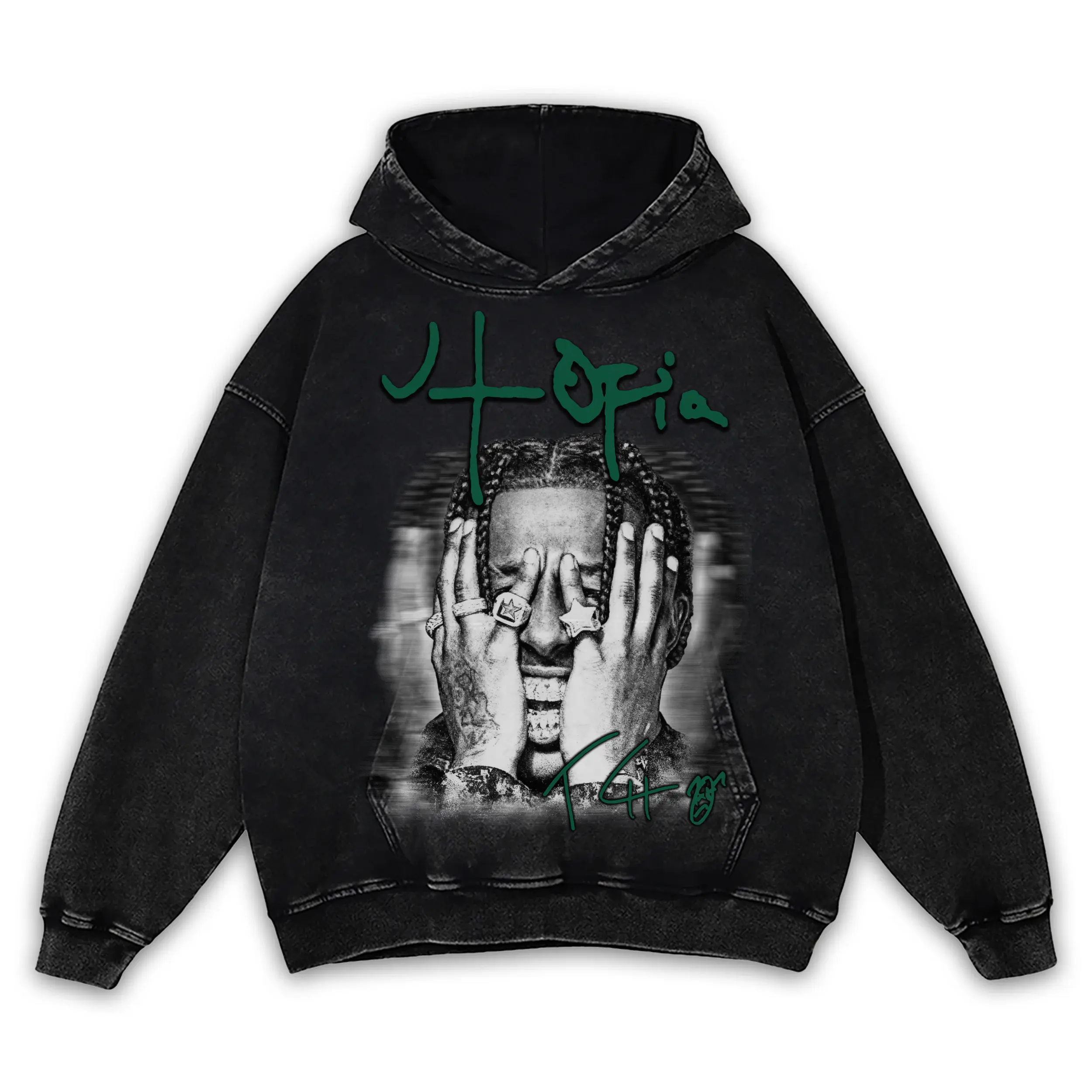 Pine Green x Travis Scott 'Utopia Head Grab' Vintage Acid Wash Hoodie - Black