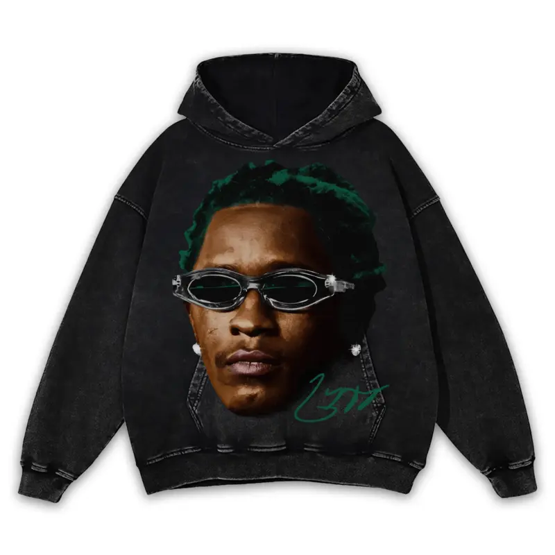 Pine Green x Young Thug 'Spider Shades' Vintage Acid Wash Hoodie - Black