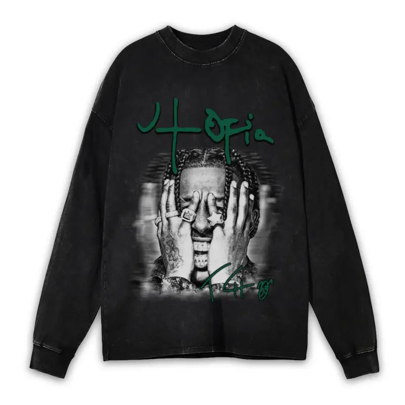 Pine Green x Travis Scott 'Utopia Head Grab' Vintage Acid Wash Long Sleeve