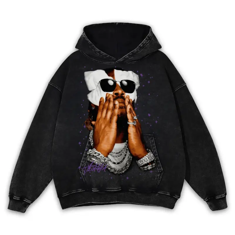Retro Purple x Future 'Wrapped Face' Vintage Acid Wash Hoodie - Black