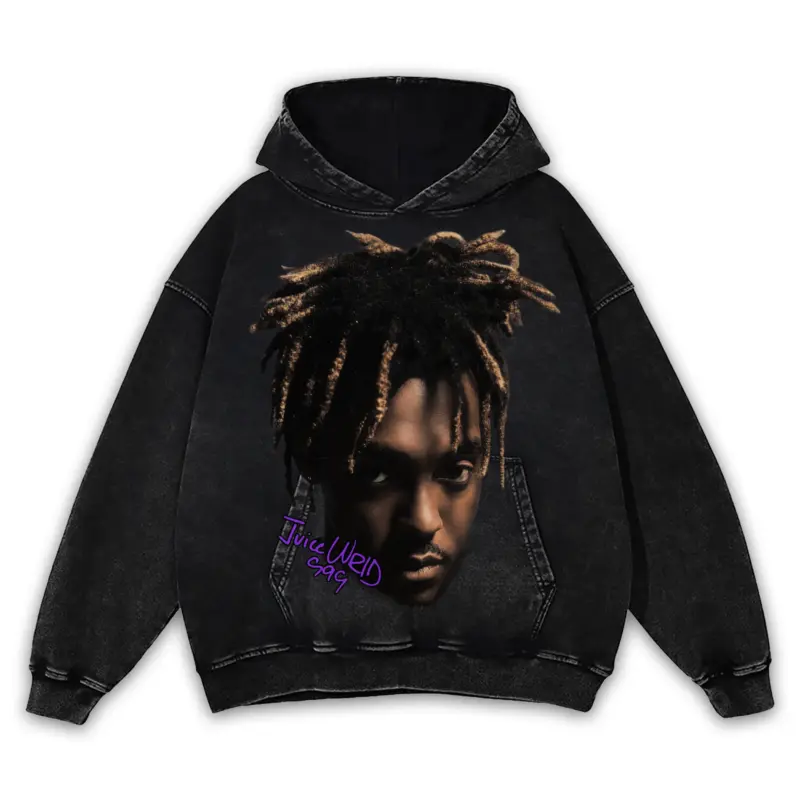Retro Purple x Juice Wrld 'Portrait' Vintage Acid Wash Hoodie - Black